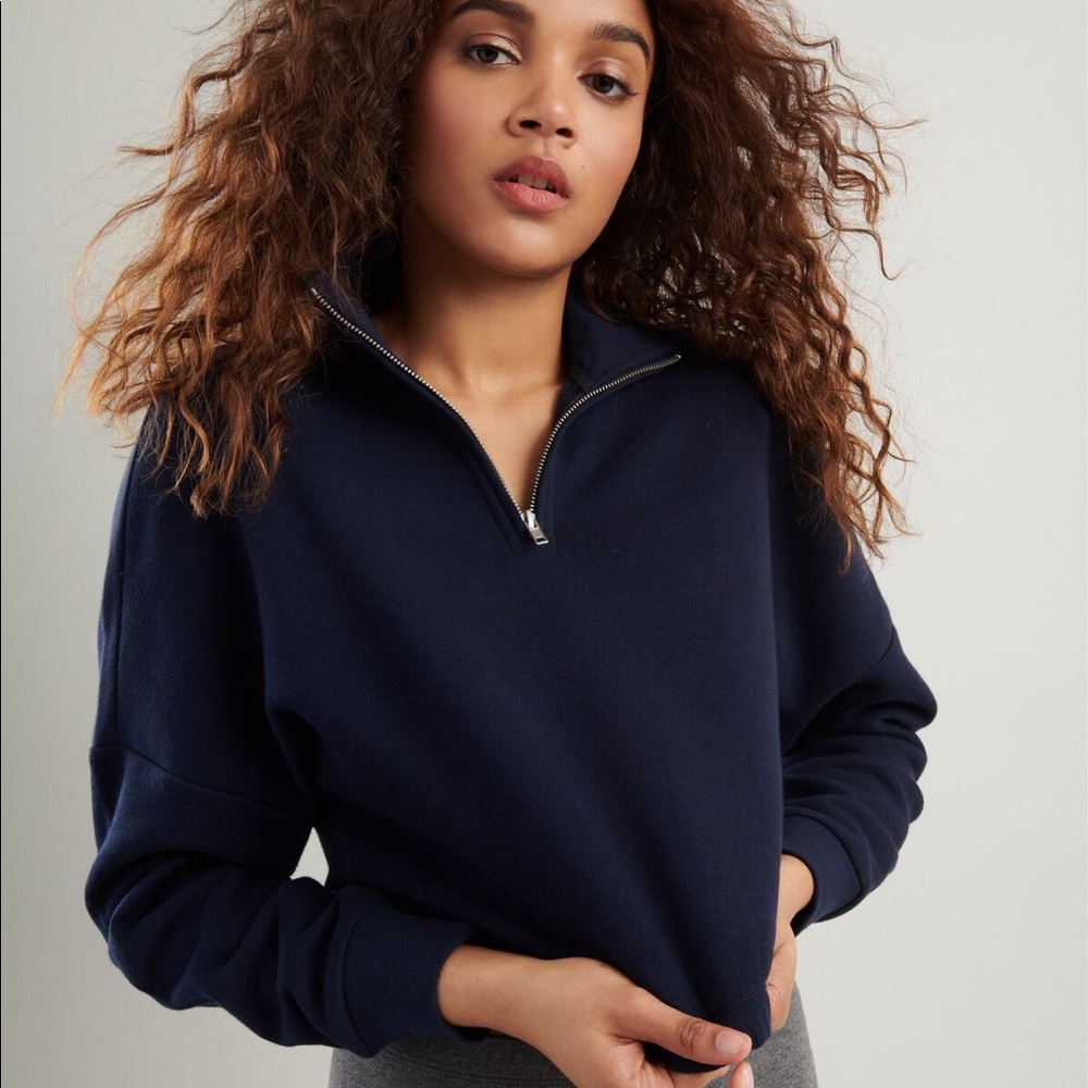 Garage Elastic Waist Half Zip Navy Sweatshirt